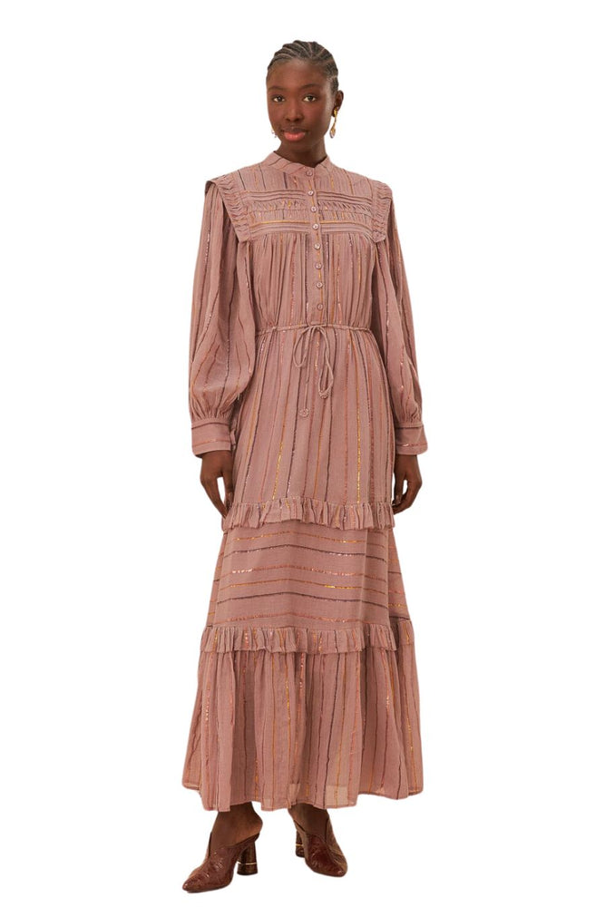 Light Pink Pleated Yoke Tiered Maxi Dress