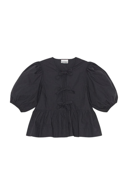 Cotton Poplin Peplum Tie Blouse in Black