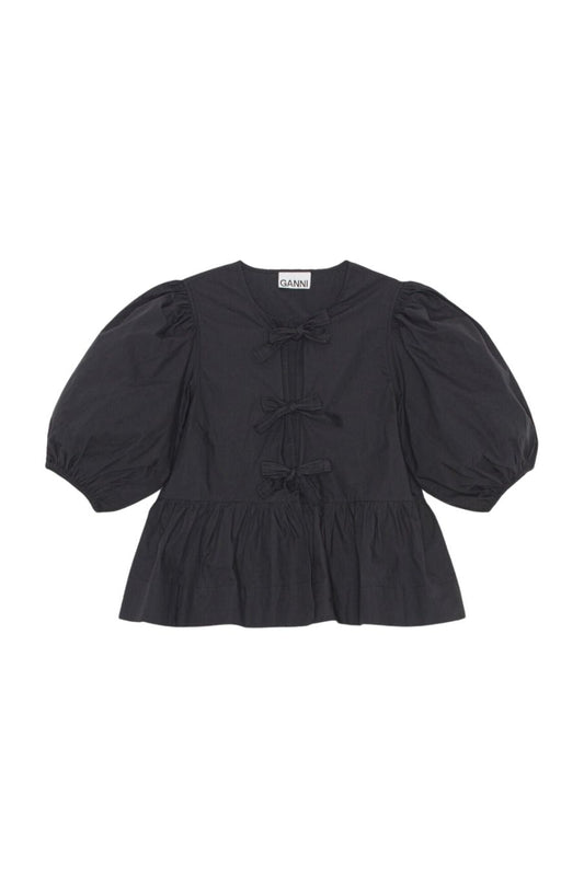 Cotton Poplin Peplum Tie Blouse in Black