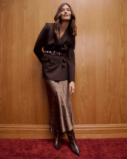 Clover Stretch-Silk Midi Skirt in Walnut Multi