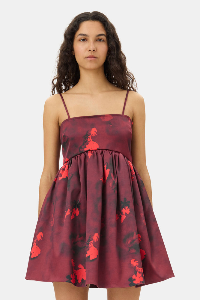 Red Floral Print Satin Strap Mini Dress