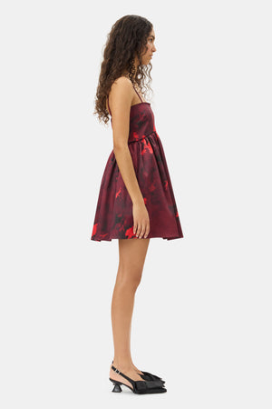 Red Floral Print Satin Strap Mini Dress