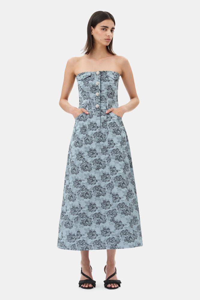 Illusion Blue Floral Jacquard Long Corsage Dress