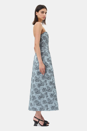 Illusion Blue Floral Jacquard Long Corsage Dress