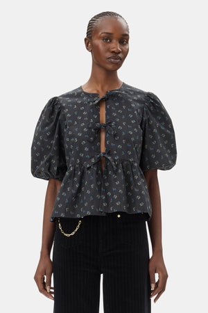 Black Printed Cotton Peplum Blouse