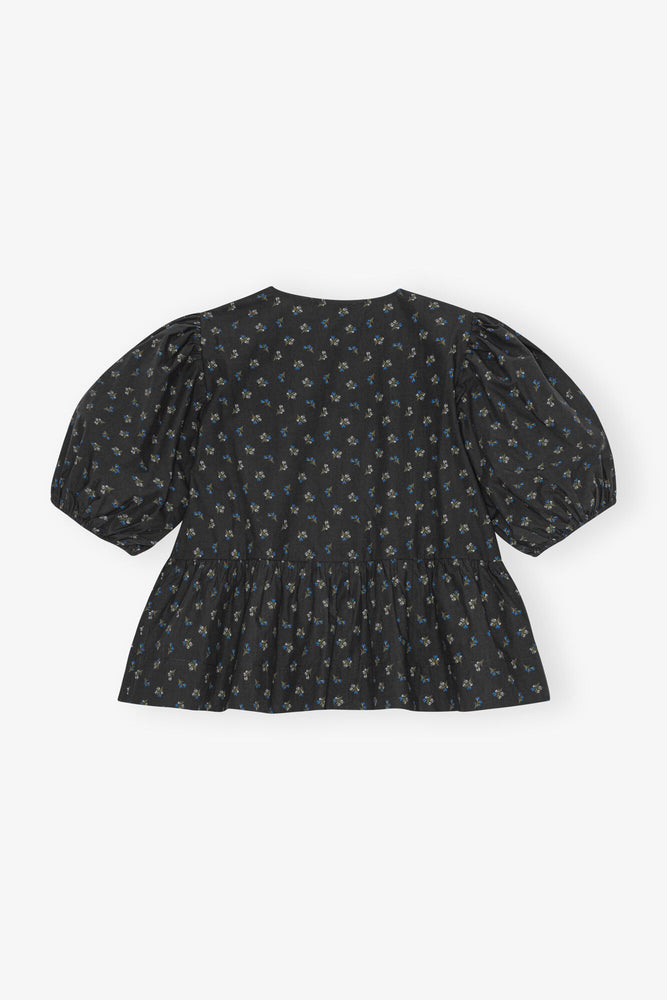 Black Printed Cotton Peplum Blouse