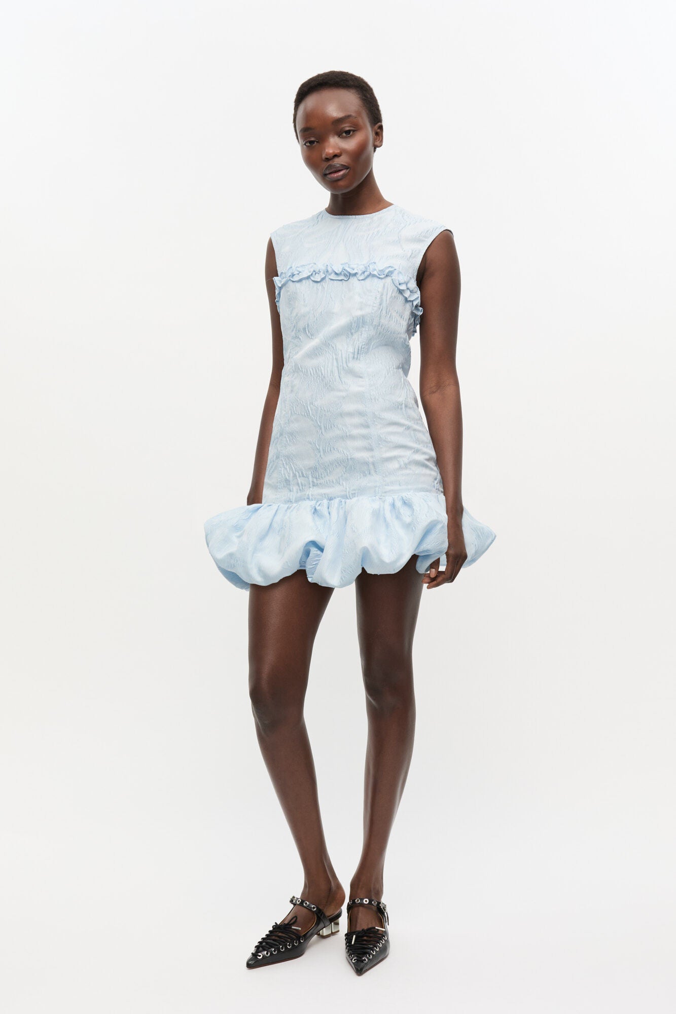 Blue Textured Cloque Corset Mini Dress