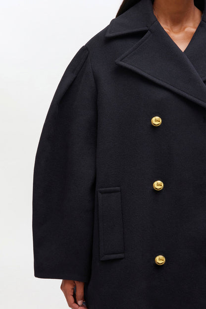 Dark Blue Wool Oversized Midi Peacoat