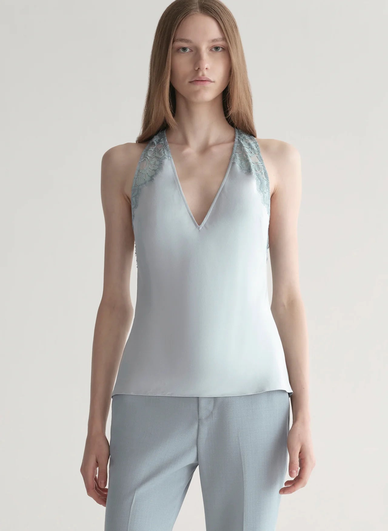 Wes Satin and Lace Top in Slate Blue/Grey Sky
