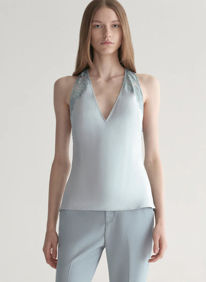Wes Satin and Lace Top in Slate Blue/Grey Sky