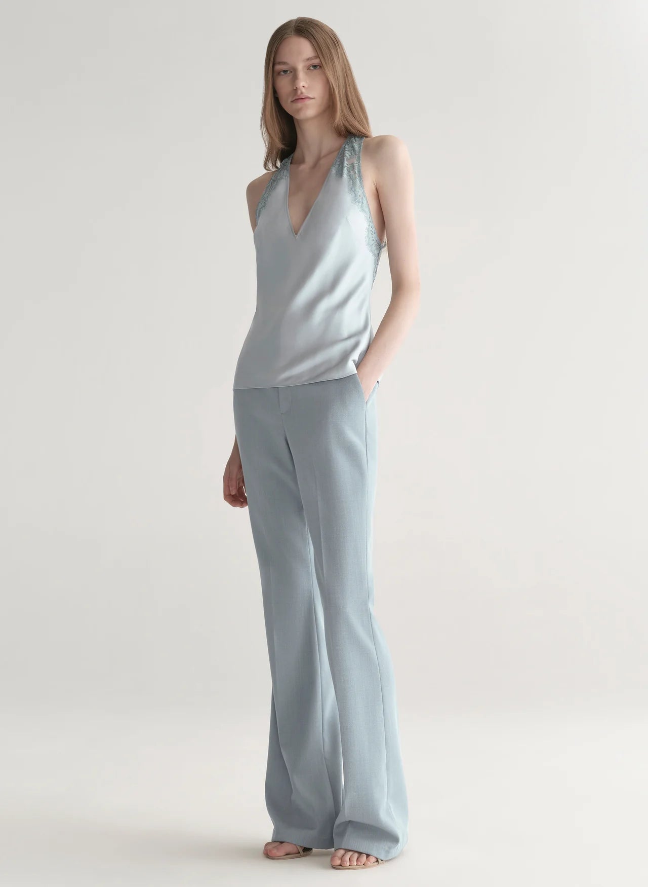 Wes Satin and Lace Top in Slate Blue/Grey Sky