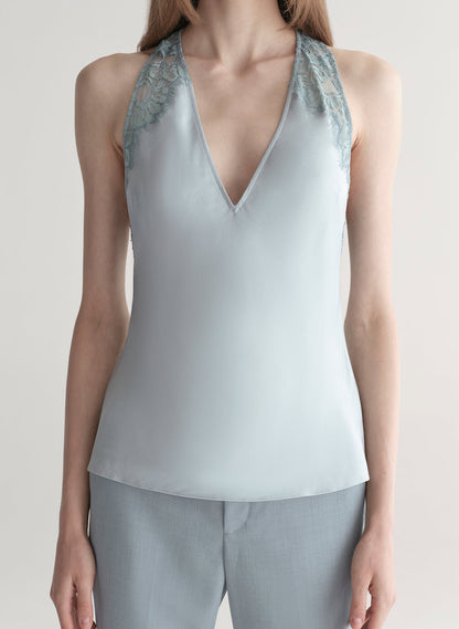 Wes Satin and Lace Top in Slate Blue/Grey Sky