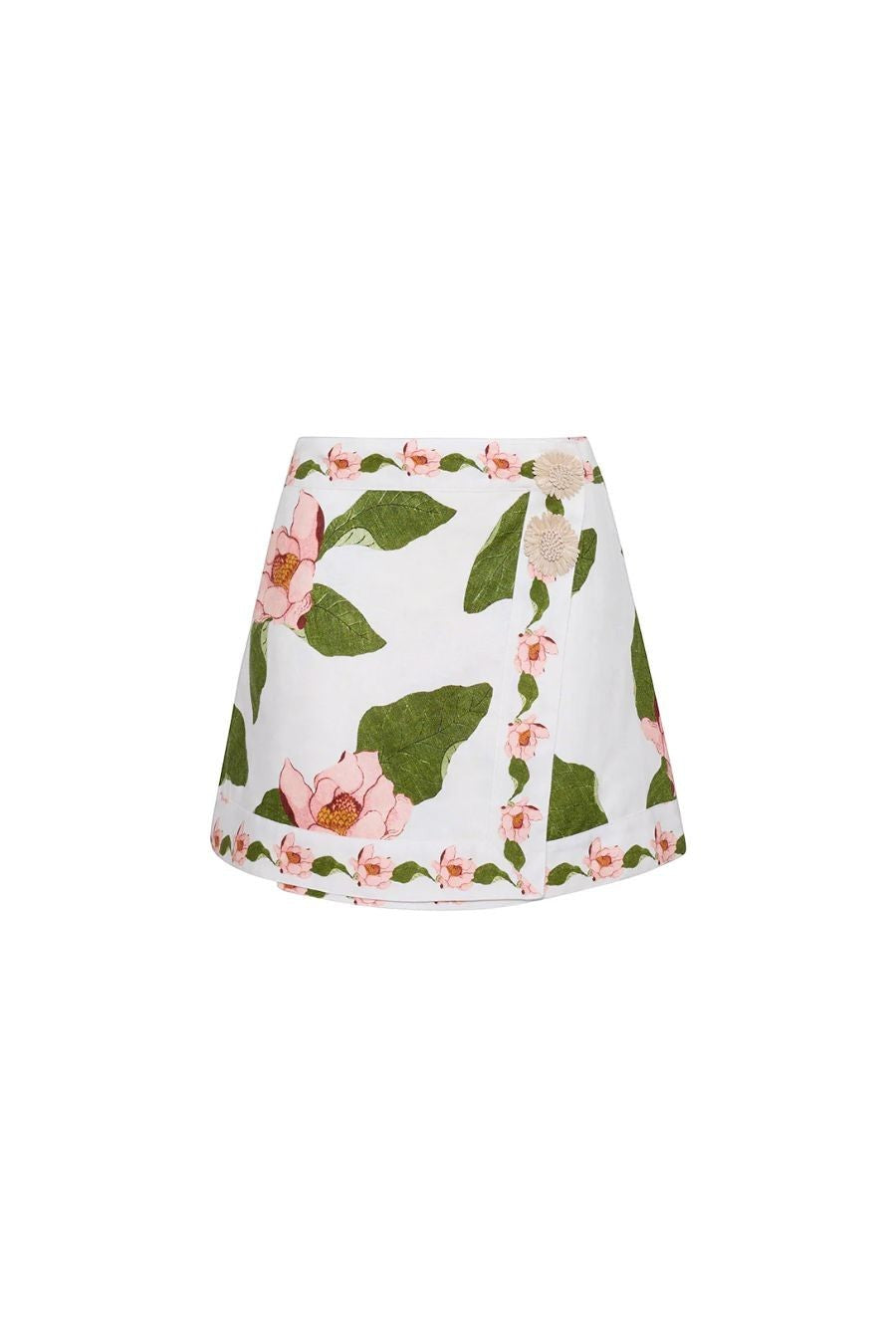 Bunny and Babe Winnetka Fischer mini wrap skirt in ivory linen with pink floral print and raffia trim.
