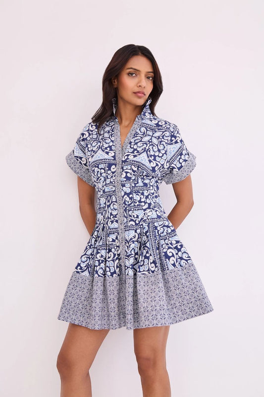 Bunny and Babe Winnetka navy and white tile print mini shirtdress with functional placket and pockets.