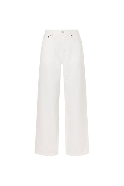 Bunny and Babe Winnetka white 100% cotton high-rise straight-leg jeans with button fly and signature embroidery.