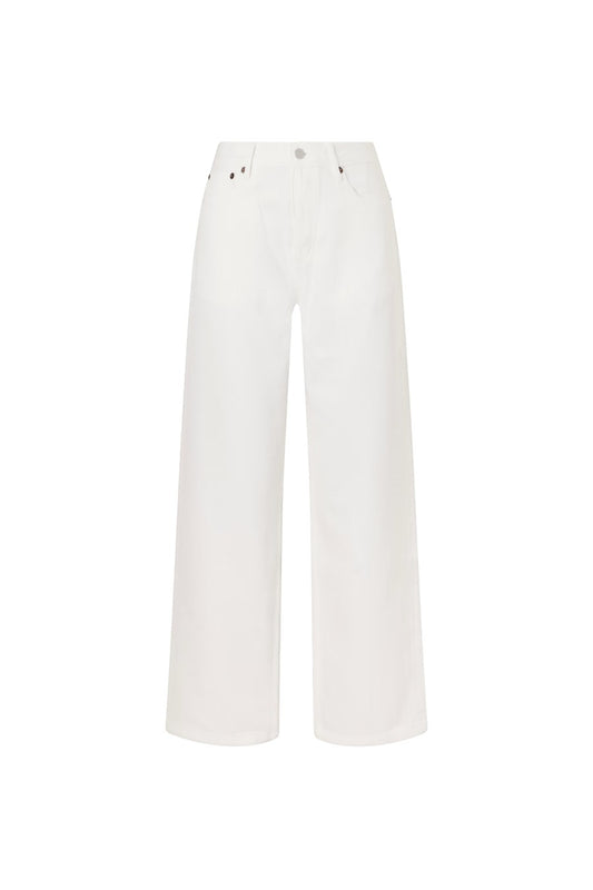 Bunny and Babe Winnetka white 100% cotton high-rise straight-leg jeans with button fly and signature embroidery.