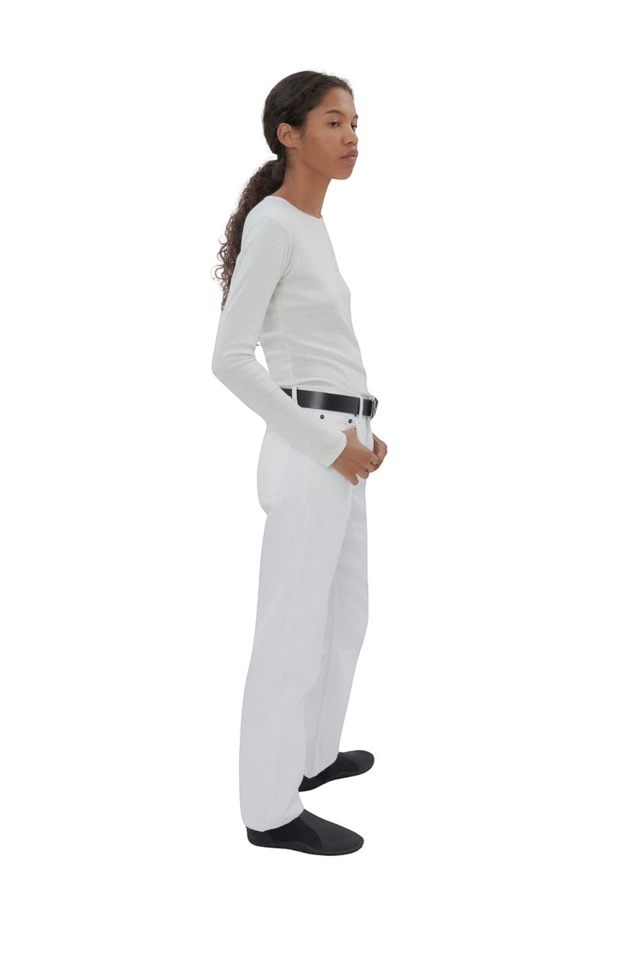 Bunny and Babe Winnetka white 100% cotton high-rise straight-leg jeans with button fly and signature embroidery.