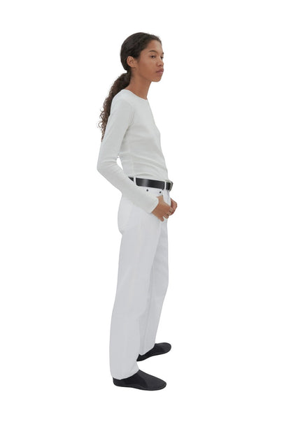 Bunny and Babe Winnetka white 100% cotton high-rise straight-leg jeans with button fly and signature embroidery.