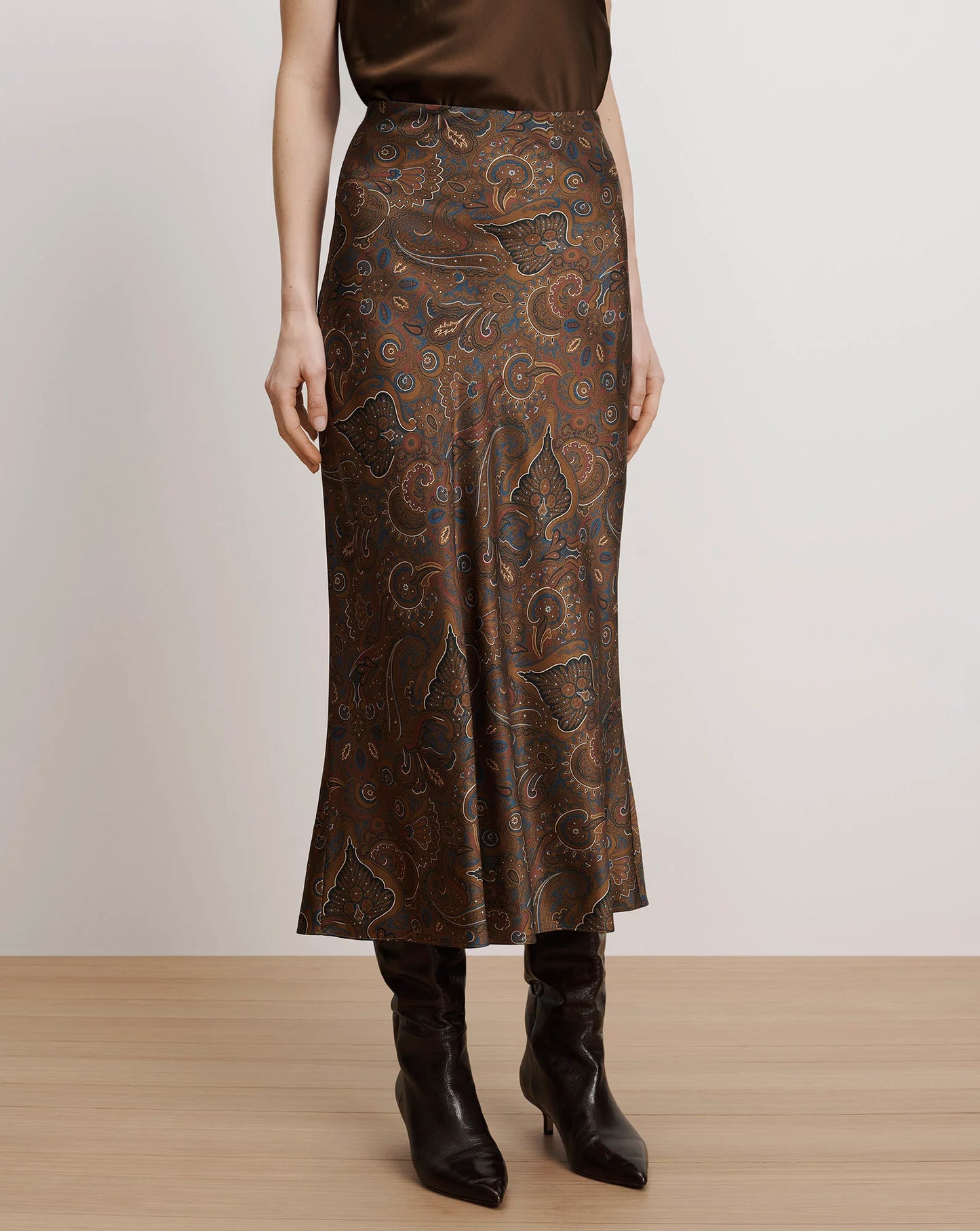 Clover Stretch-Silk Midi Skirt in Walnut Multi