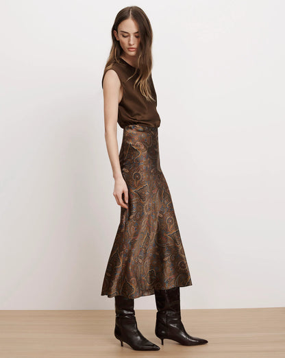 Clover Stretch-Silk Midi Skirt in Walnut Multi
