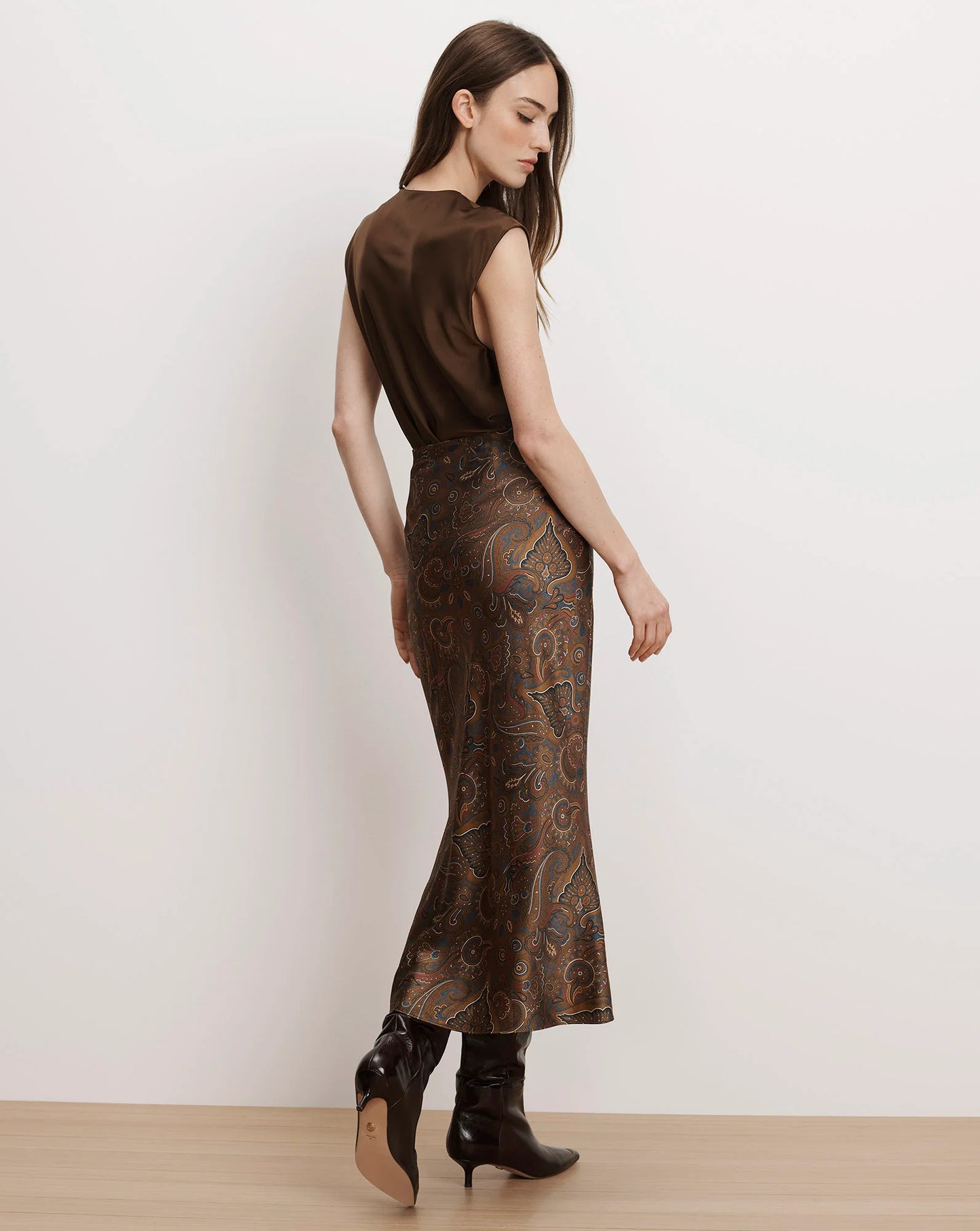 Clover Stretch-Silk Midi Skirt in Walnut Multi