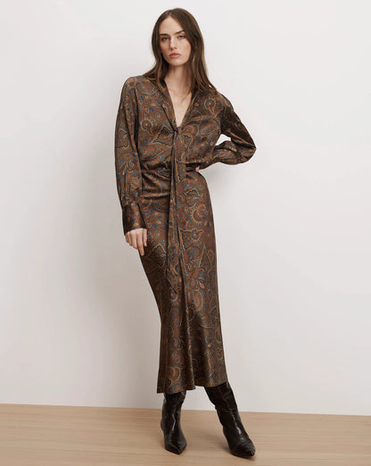 Clover Stretch-Silk Midi Skirt in Walnut Multi