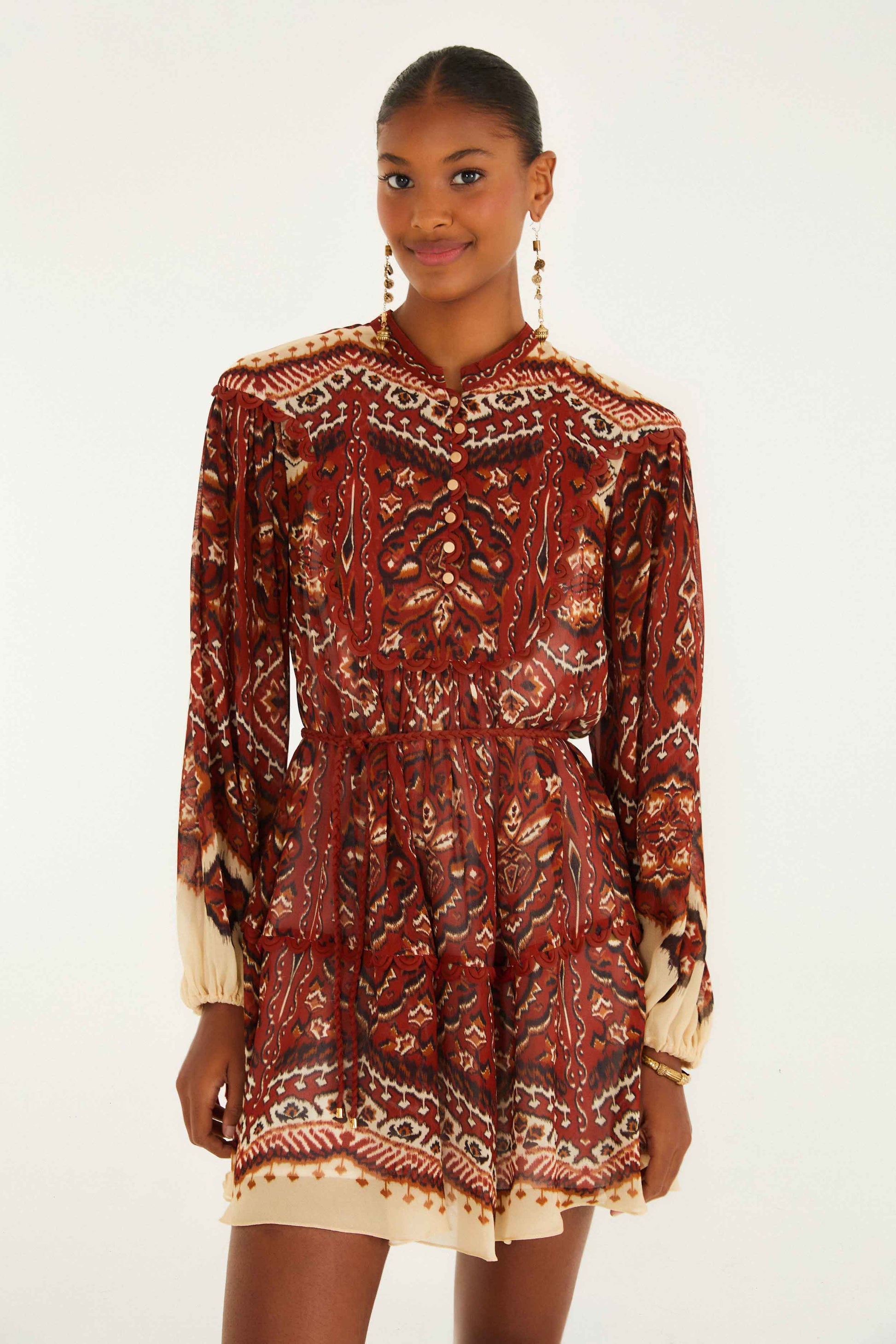FARM Rio SAND Ainika Pineapple Tapestry Long Sleeve Mini Dress, Ainika Pineapple IKAT SAND / S FARM Rio SAND Ainika Pineapple Tapestry Long Sleeve Mini Dress, Ainika Pineapple IKAT SAND / S